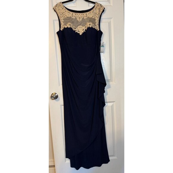 Alex Evenings Dress Navy Blue Gold 16 Long Ruffle Wedding Cruise Formal NEW - Picture 10 of 11